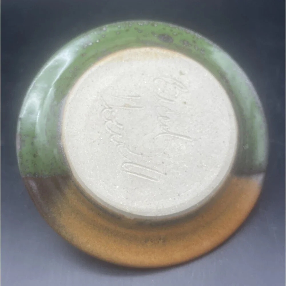Studio Art Pottery Green Brown Orange‎ Glazed Candle Stick Holder Signed 6